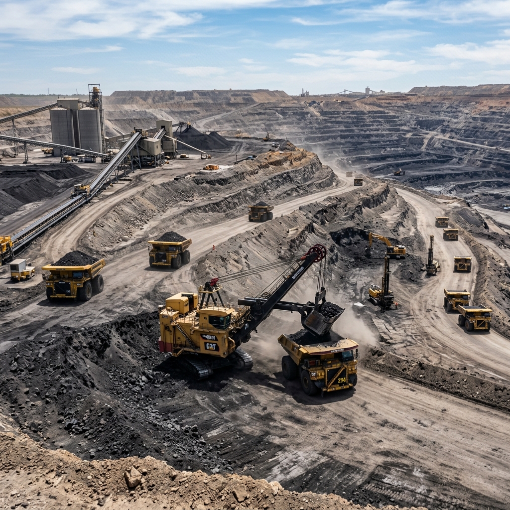 Active open-cast coal mine operations with excavator loading