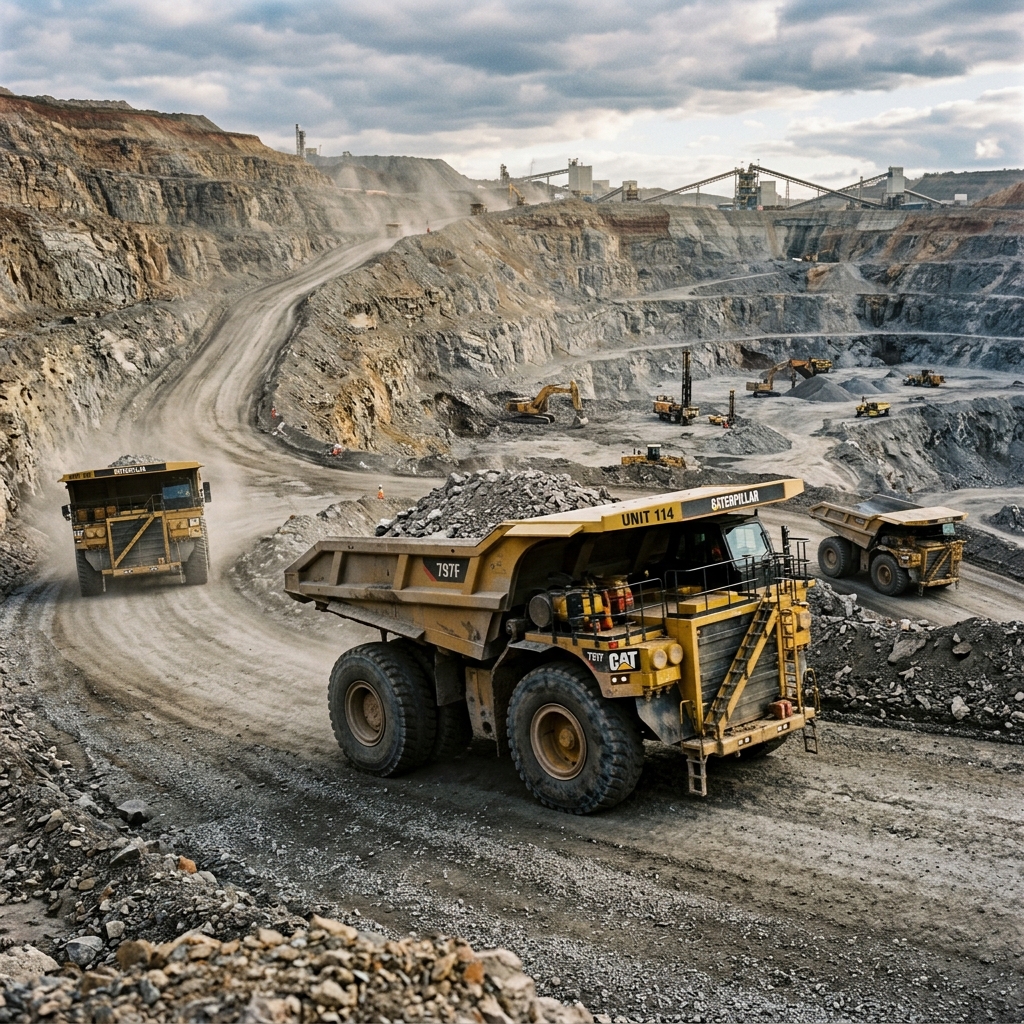 Heavy duty hydraulic dumper truck in quarry pit