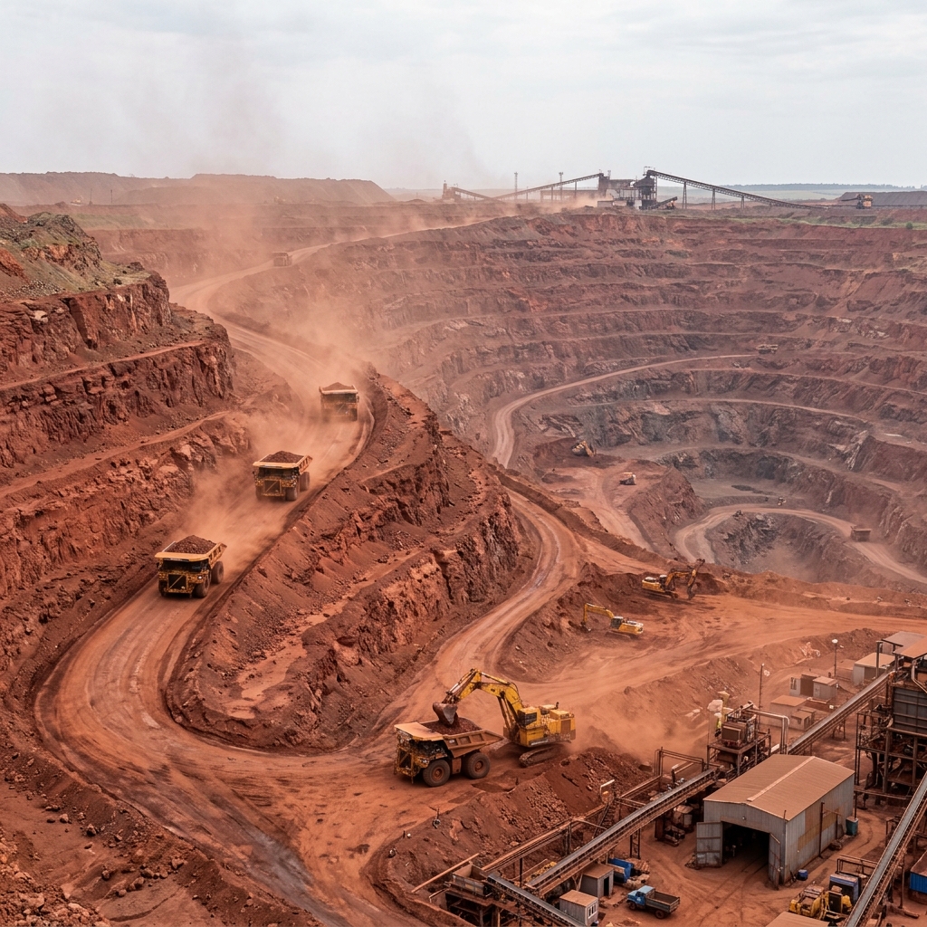 Deep red iron ore terraces in mining pit