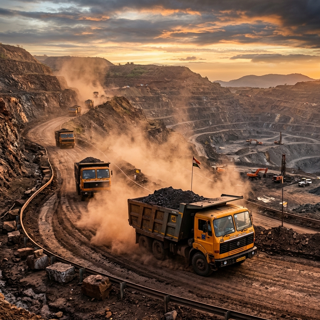 Mining logistics cargo trucks moving active quarry