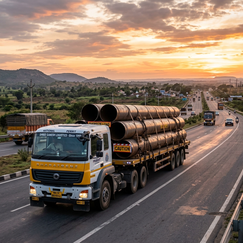 Long haul lowbed trailer transport truck on highway