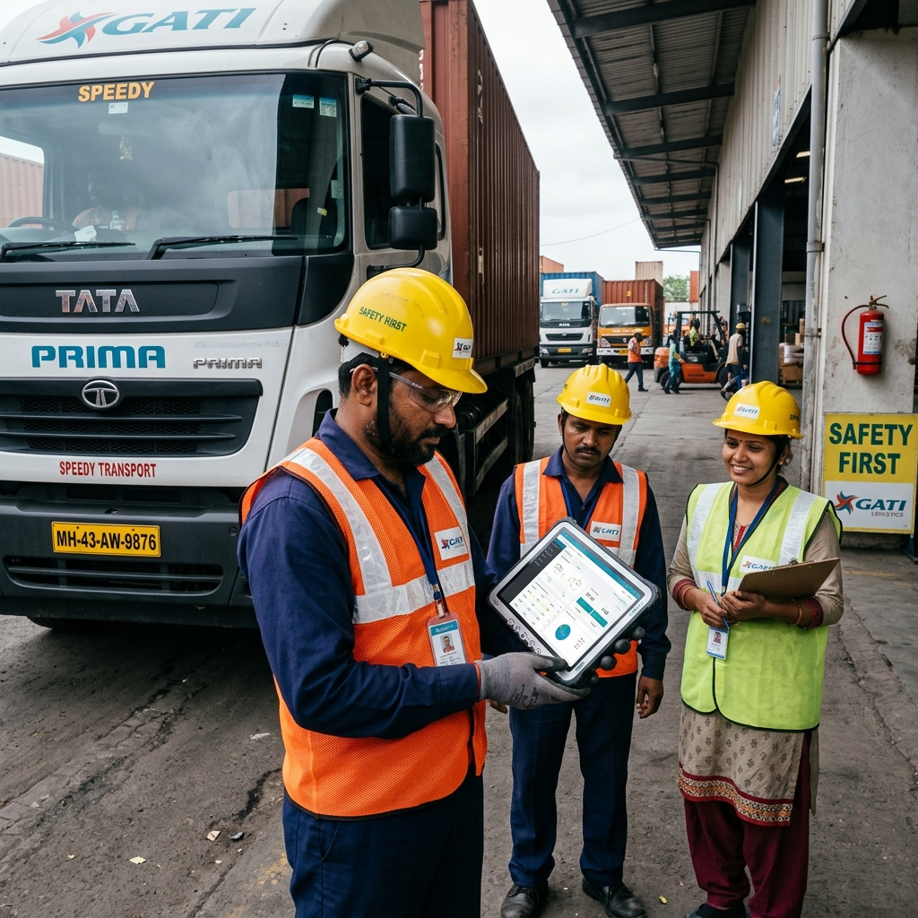 SGR Enterprises logistics team wearing hard hats next to a cargo truck